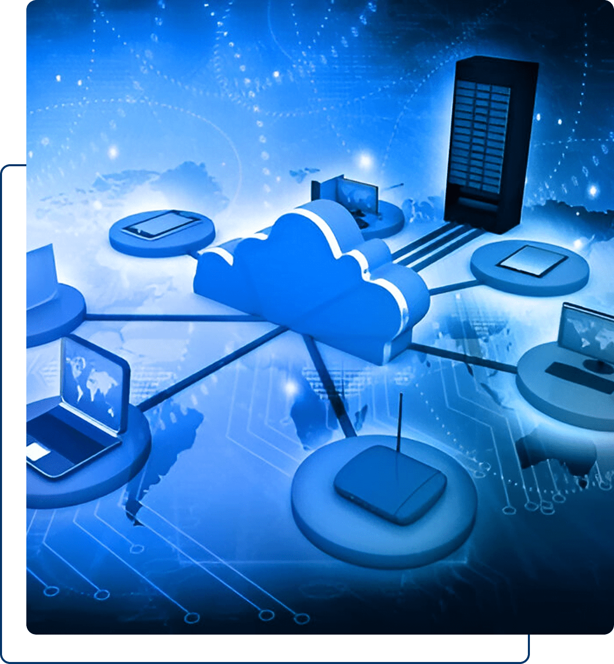 A graphic showing various devices like laptops and tablets connected to a central cloud server, representing cloud computing and data networking.
