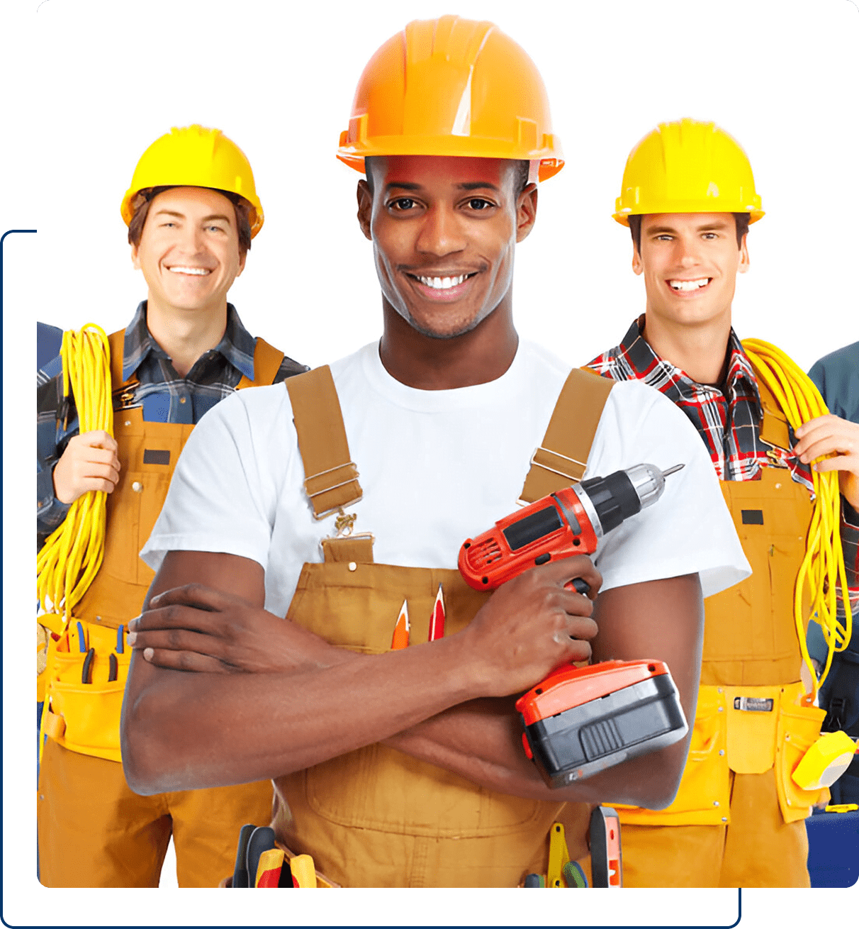 Four construction workers wearing hard hats and tool belts, one in front holding a cordless drill, and two in the background holding yellow extension cords.